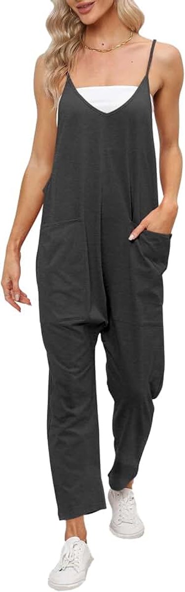 Tuinbroek voor dames, zomer, losse mouwloze overall, jumpsuit, tuinbroek, werkbroek met grote zakken, donkergrijs, XL