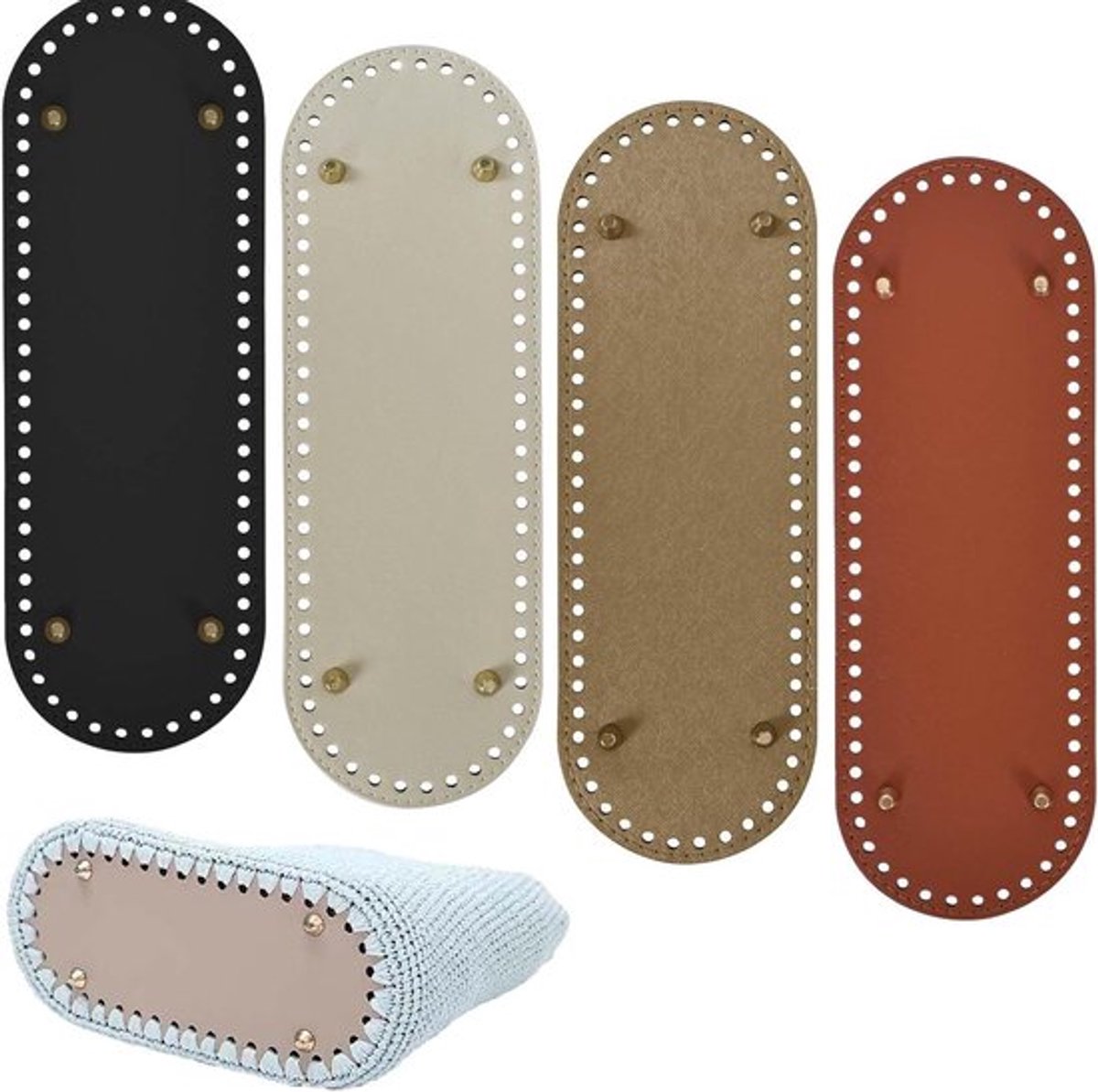 Haaknaaldtassen bodem set van 4 met leren onderkant - 30 x 10 cm - ovale tas met voeten