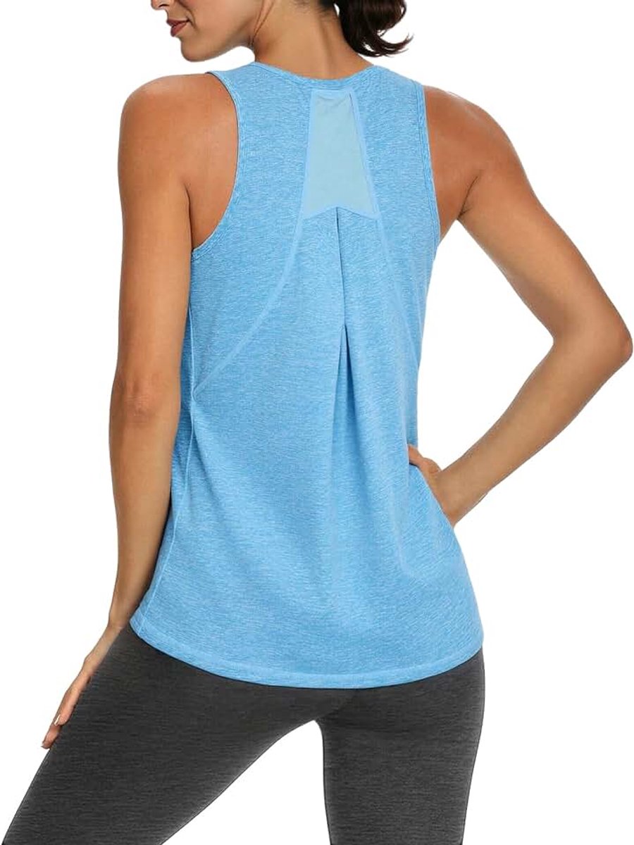 Tanktop voor dames, sportkleding, fitnessstudio, mouwloos, T-shirt, tule inzetstukken op de rug, ronde hals, shirt voor fitness, yoga, hardlopen, dansen