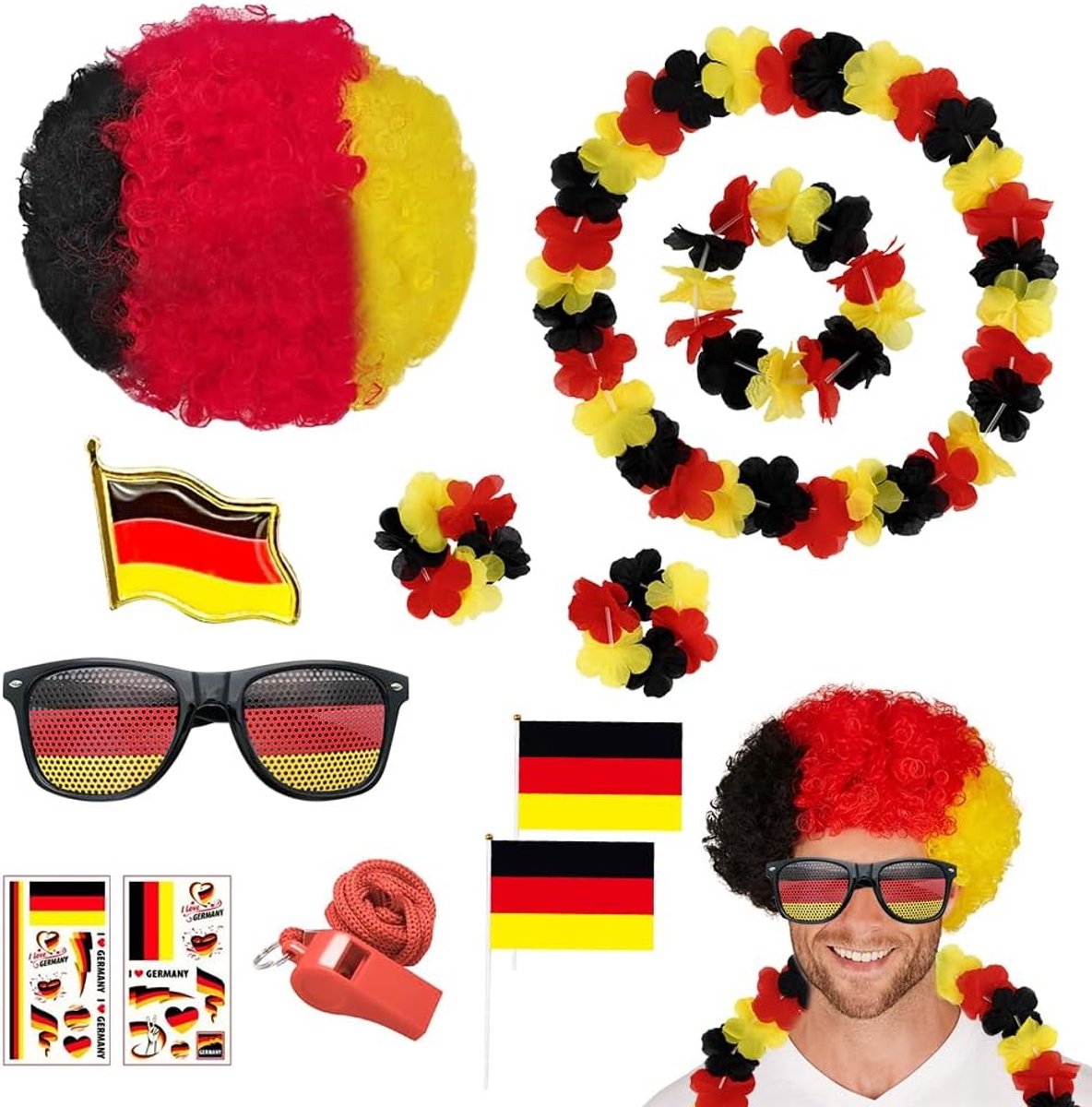 Fanartikelen set voor voetbal WK 2026, 12-delig fanpakket EK voetbal met pruik, bril, slingers, stickers, broches, handvlaggen en fluitje voor feest, stadion, public viewing
