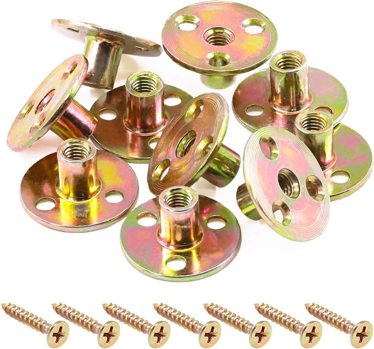 64 Stks M8 Brad Hole Tee Moer met Schroeven Set Koolstofstaal T-moeren Verzinkt Ronde Basis Vrouwelijke Draad Schroef-in Meubelhardware