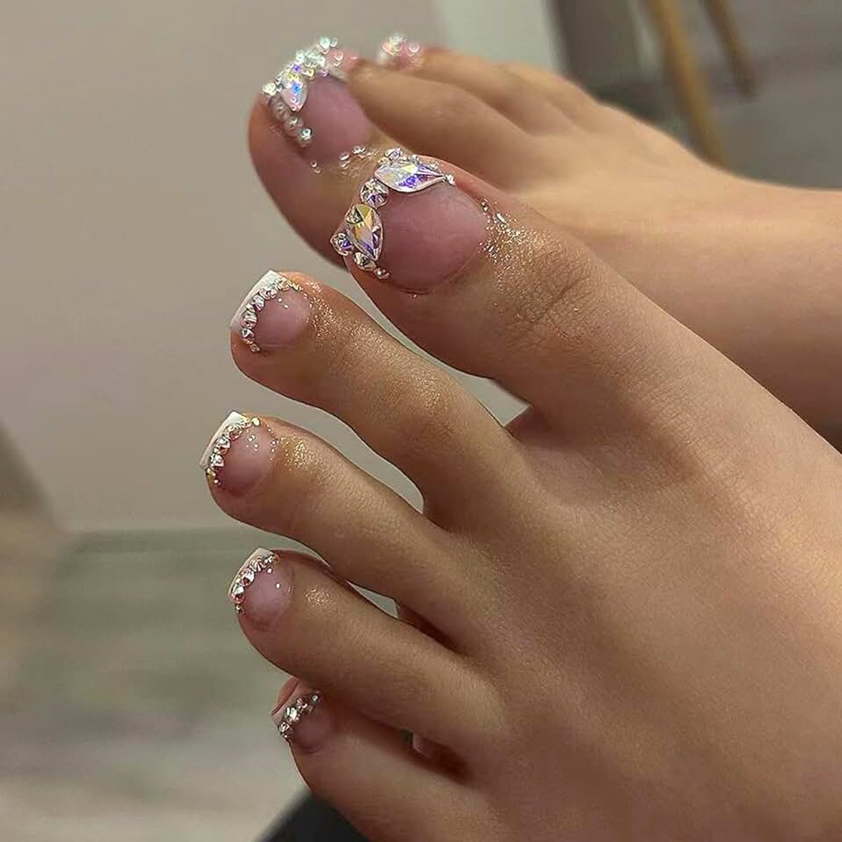 24 stuks kunstnagels om op te plakken, roze glitter, Franse natuurlijke teennagels om op te plakken met strassteentjes, korte vierkante nagels, volledige dekking, acryl
