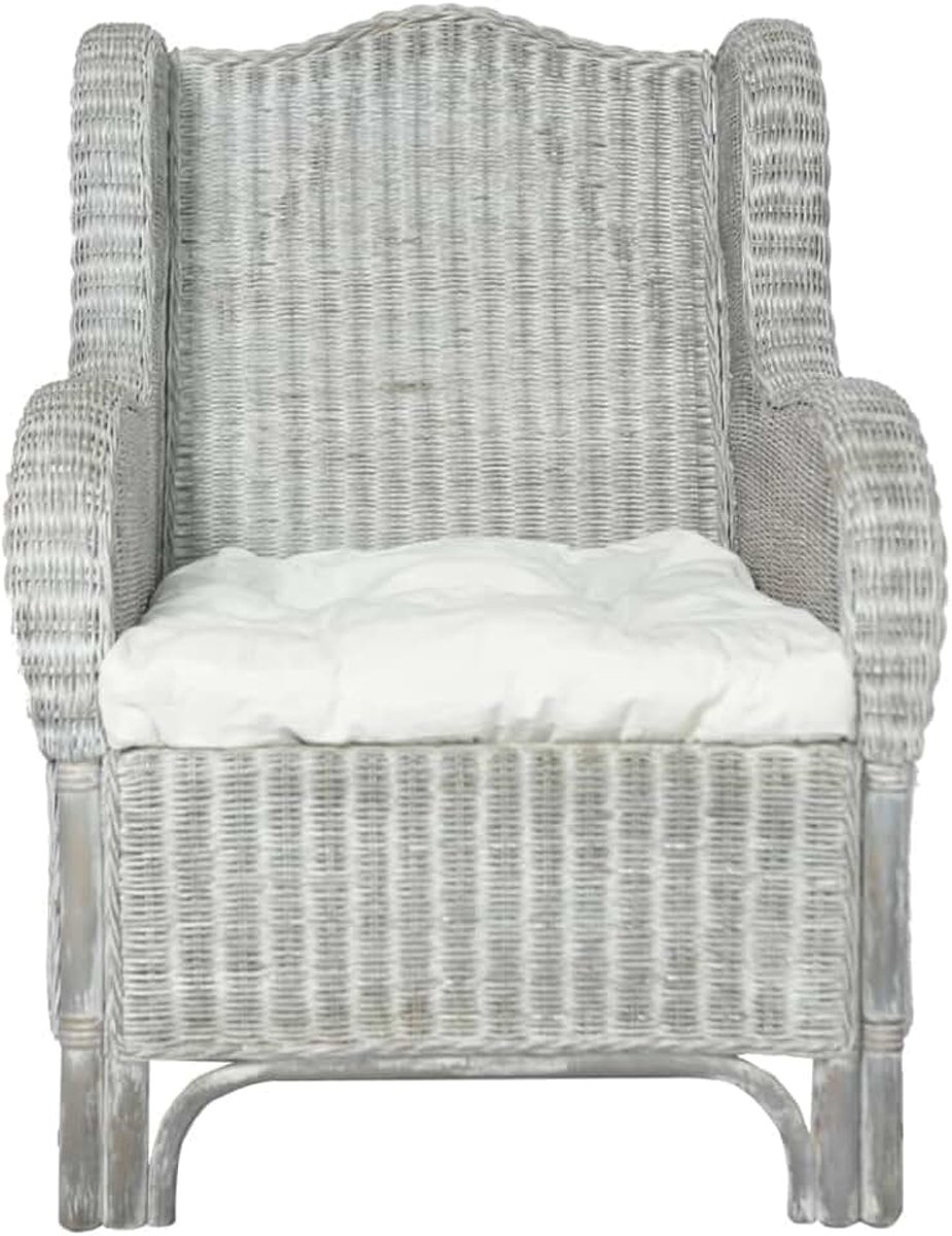 Fauteuil met kussen, grijs, natuurlijk rotan en linnen, woonkamerbank, kantoorbank, slaapkamerbank, loungebank voor woonkamer, slaapkamer, logeerkamer