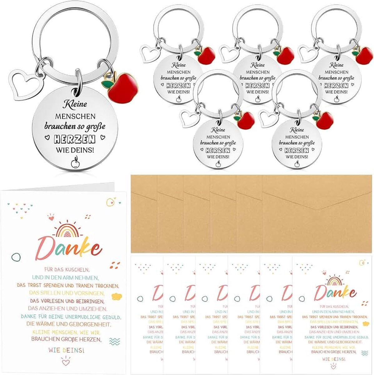 6 bedankjes voor leraar leraar inclusief leraar sleutelhanger met appel hanger en regenboog bedankkaart met envelop leraar afscheidscadeau kleuterschool Kita