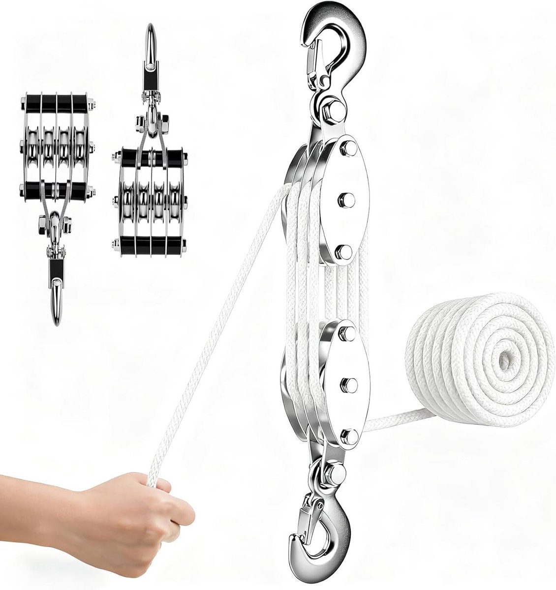 Hijssysteem - Takkelsysteem Handlier - Zware Objecten Verplaatsen - 8x Arbeidsbesparend - 20 m Nylon Touw - Wit