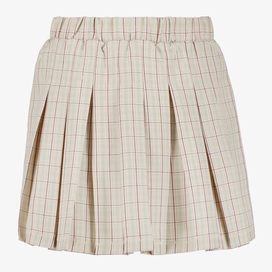 Beige rok met ruitpatroon van bordeauxrode en lichtblauwe lijnen, met plooien en elastische tailleband.