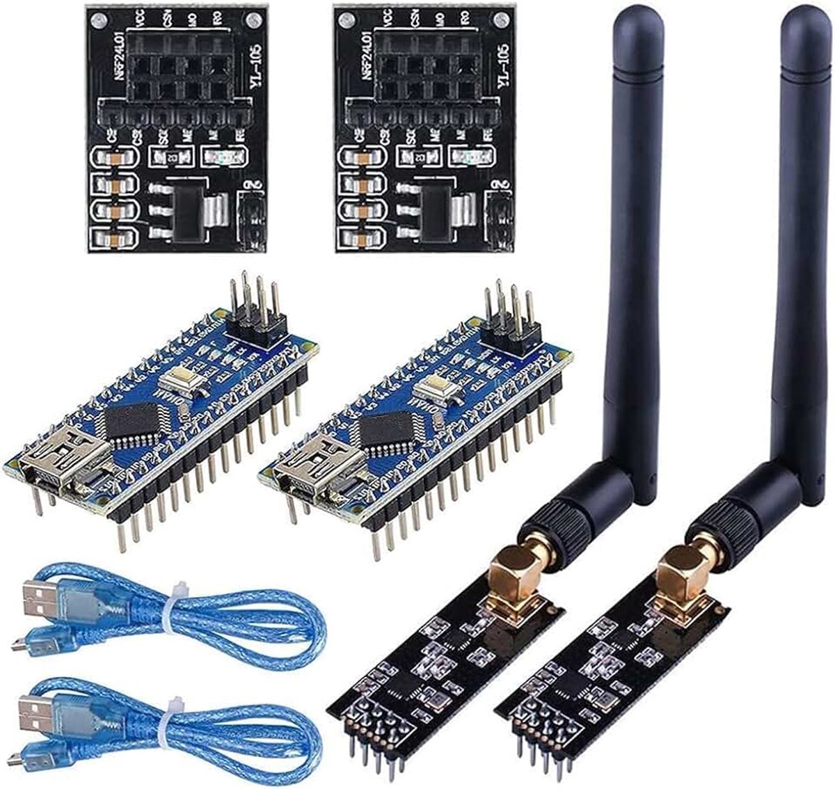Zalati Draadloze transceiver ontvanger 2 sets NRF24L01+PA+LNA RF Module met SMA-antenne 2,4 GHz 1100 m + NRF24L01 Regulator + Board Draadloos communicatiesysteem