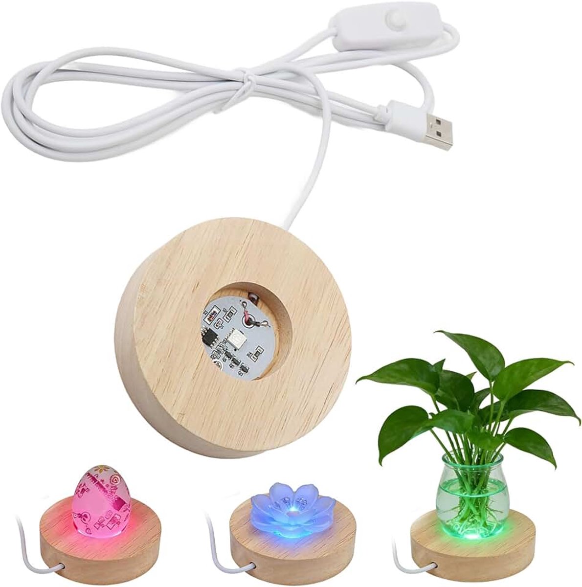 Displaybasis, Kleurrijke LED-lampstandaard met USB-aansluiting, 8cm/3.15in diameter, massief houten basis voor kristallen glaskunst en sieraden