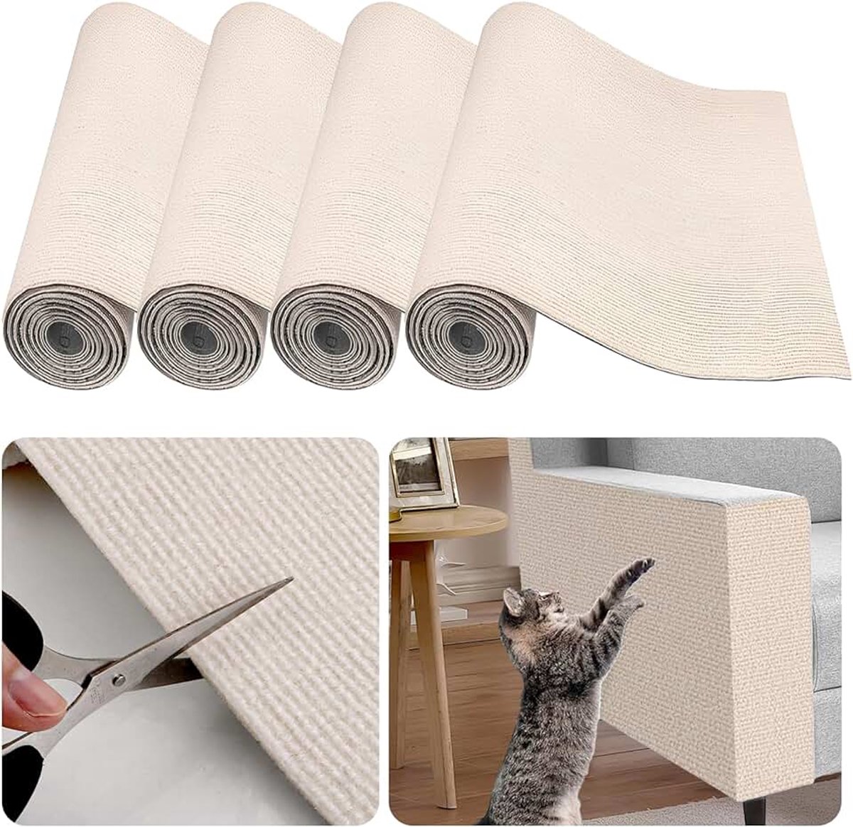 4 rollen krasbescherming voor bank, kat, 400 x 40 cm, zelfklevend, krabtapijt voor katten, sisalmat, krasfolie, kattenmuur, rijstwit, elke rol 100 x 40 cm
