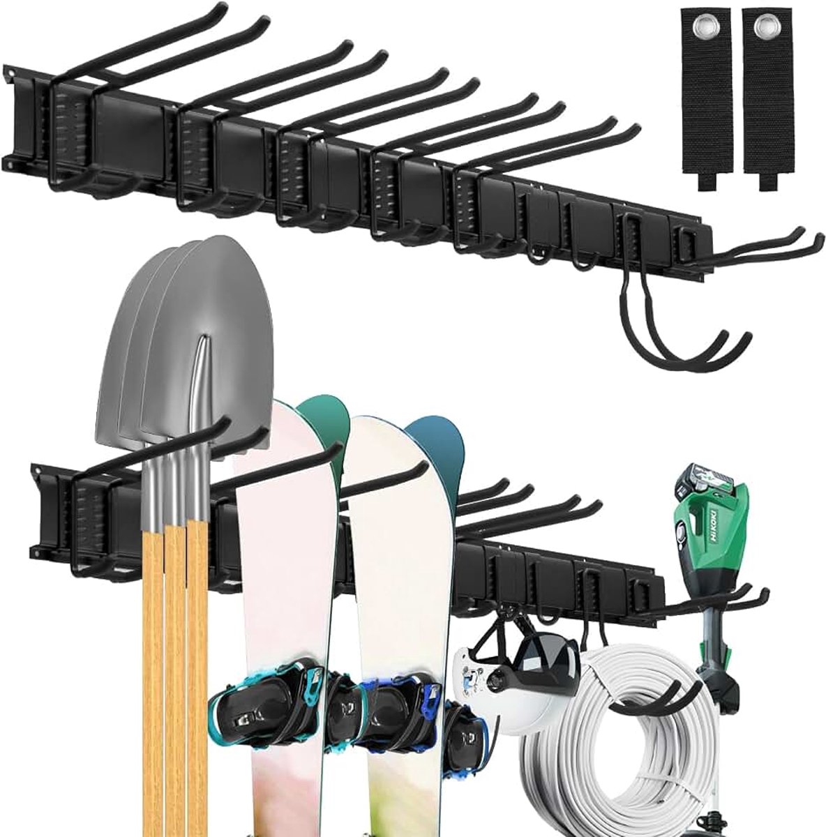 Garage Gereedschap Opbergrek, Heavy Duty Stalen Garage Wandmontage Tuingereedschap Organizer met 9 Verstelbare Metalen Haken met 2 Riemen, voor Tuingereedschap, Stoelen, Bezems, dweilen, harken