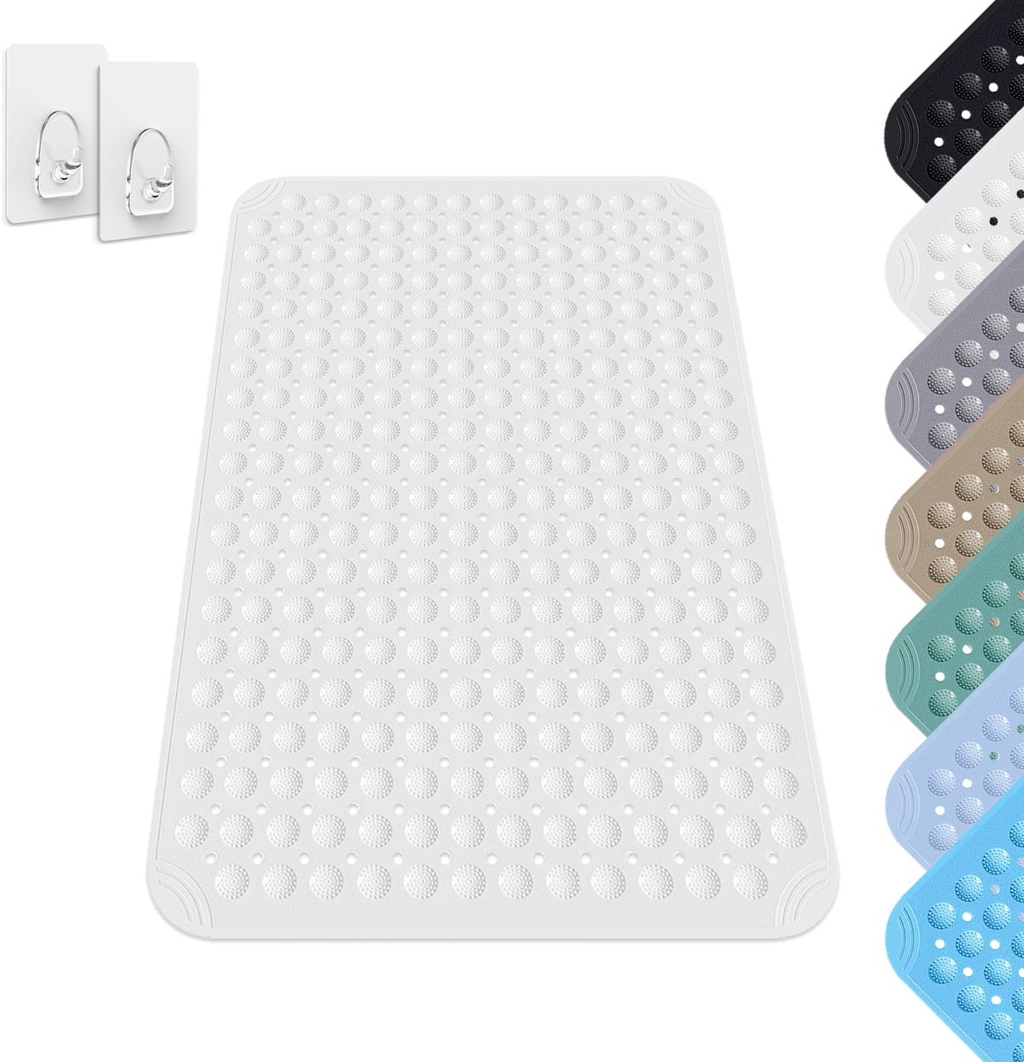 Douchemat antislip 60 x 90 cm, Douchemat met zuignap, Ducheinlage wasbaar in de wasmachine, Rutschmatte van PVC, antislip massagemat voor douche en sauna, inclusief 2 haken, Wit