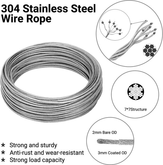 Stalen Staalkabelset 25m 3mm, Staalkabel Met M5 Ogen, Kabelspanner, Spanslot, Spandraad, Pvc-Ommanteld Voor Klimplanten, Hekken, Lichtophanging, Waslijn — afbeelding 3