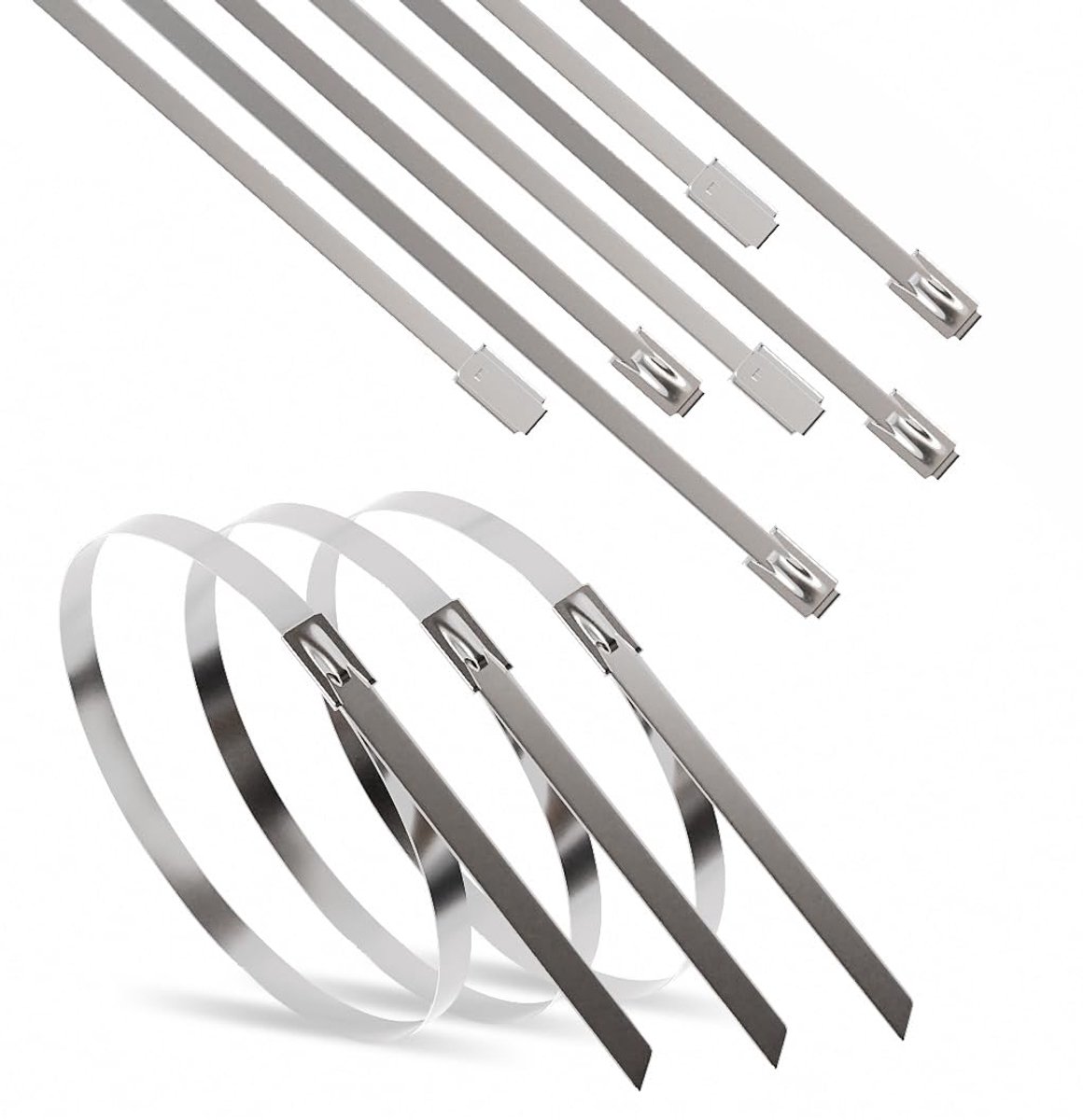Roestvrijstalen kabelbinders 300 x 4,6 mm 100 st. Professionele, veelzijdige roestvrijstalen kabelbinders, UV-bestendig, treksterkte tot 190 kg.