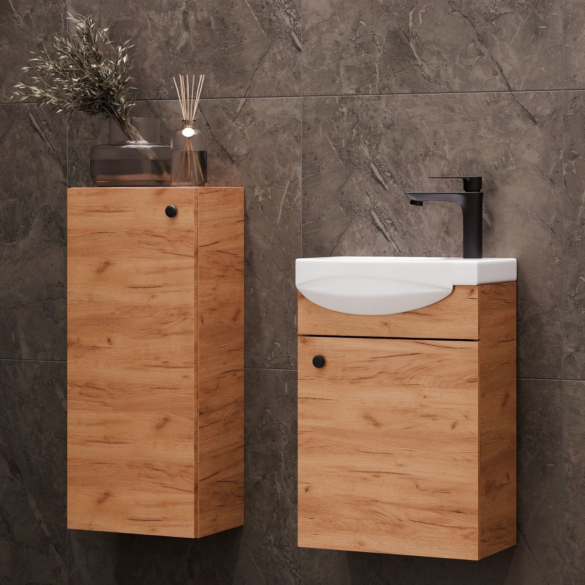 Planetmöbel - Wastafelonderkast 40 cm - Gold eiken - Met keramische wastafel - Met midikast 32 cm