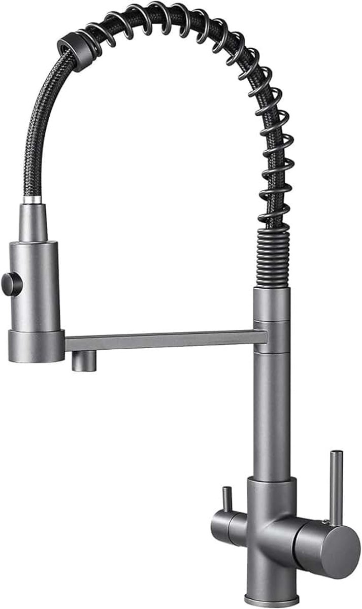 3-weg keukenkraan drinkwaterkraan spiraalveer, 360° draaibare waterkraan keuken met sproeier uittrekbaar, 3-in-1 mengkraan voor waterfilter (3-weg (01), grijs)