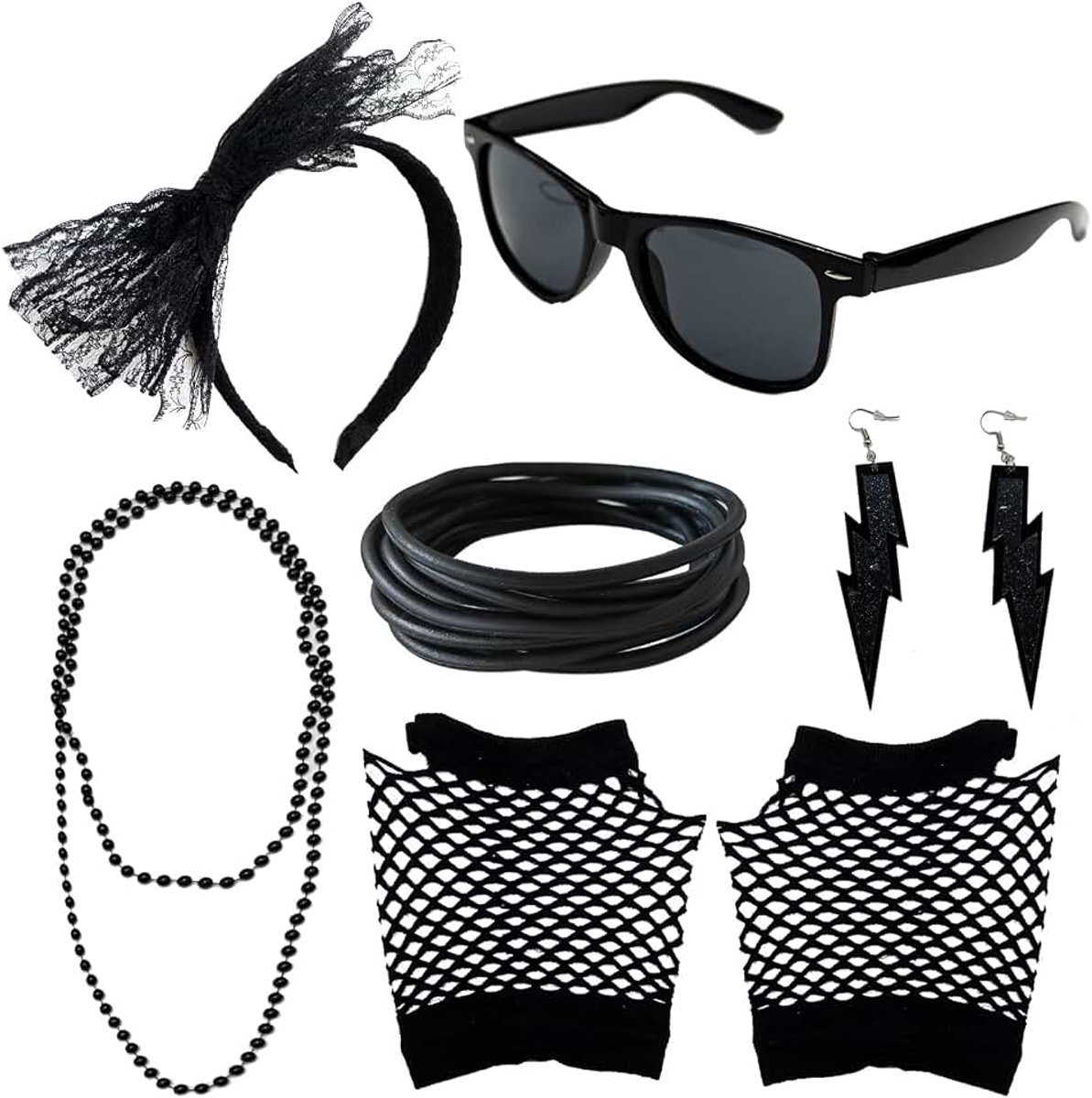Accessoires Set, Kostuum Accessoires, Kanten Hoofdband, Bril, Siliconen Armbanden, Visnethandschoenen, Neon Oorbellen, Voor Unisex Volwassenen, 1980s Retro Stijl