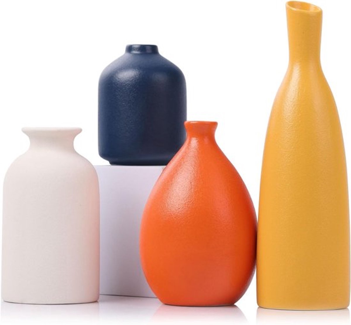 Set van 4 Kleurrijke Keramische Bud Vazen - Moderne Gele, Oranje en Blauwe Vazen voor Thuisdecoratie - Perfect voor Woonkamer, Keuken, Kantoor en Badkamer