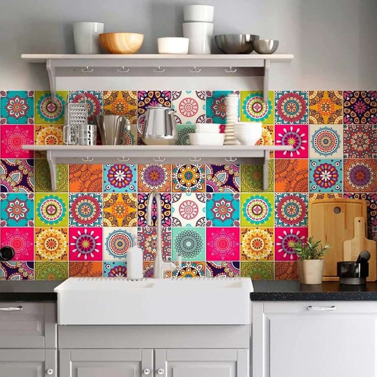 Tegelstickers Badkamer en Keuken 24 Pcs 10x10 cm - PS00178 Wanddecoratie van PVC Waterbestendig Tegels Mozaïek Cementtegels in Azulejos-stijl