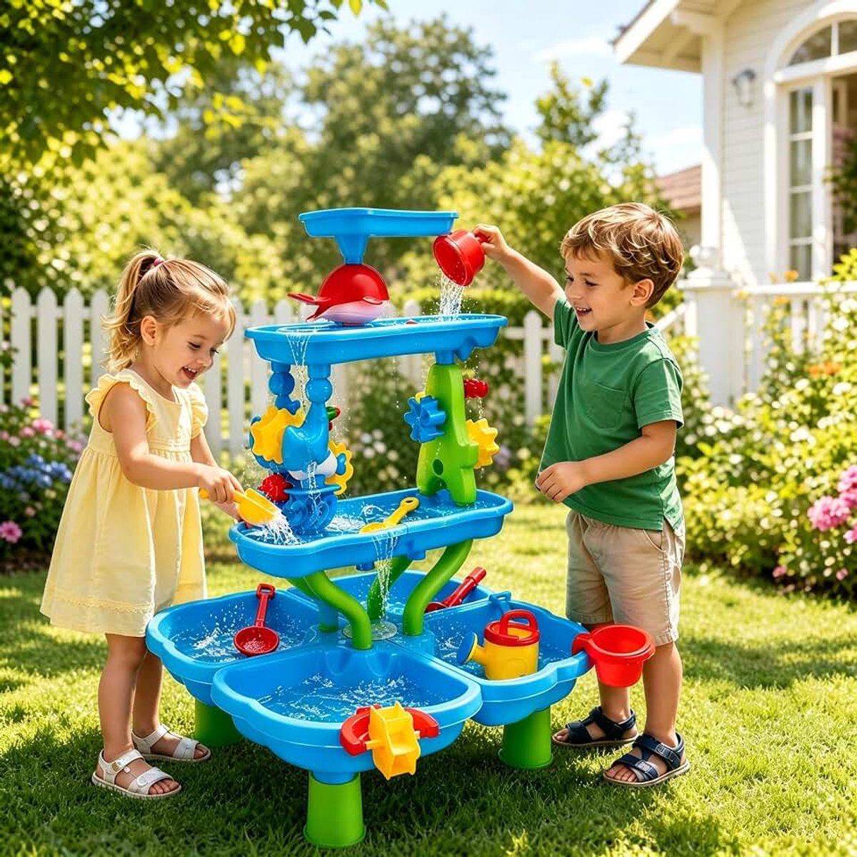 4 Niveaus Waterspeeltafel voor Kinderen, Outdoor Grote Watertafel | Zand- en Watertafel voor Tuin, Buiten en Strand, Activiteitenspeelset met Strandspeelgoedaccessoires, Vanaf 3 Jaar