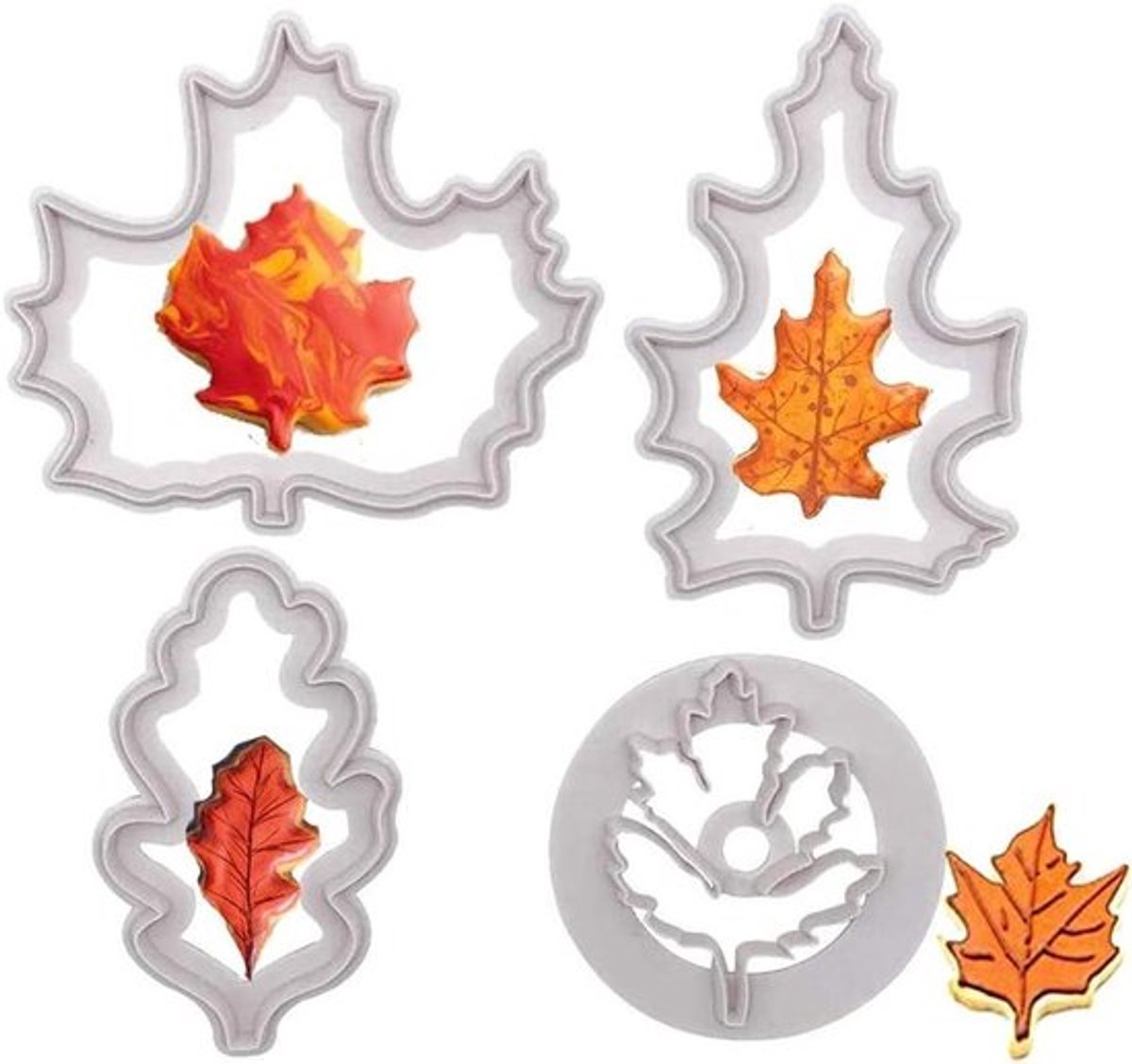 Herfst Bladeren Uitstekers Set voor Fondant Taart - 4 Stuks Wit Kunststof - Voedselveilig - Wasbaar - Esdoornbladvorm - 6,2-9,5 cm