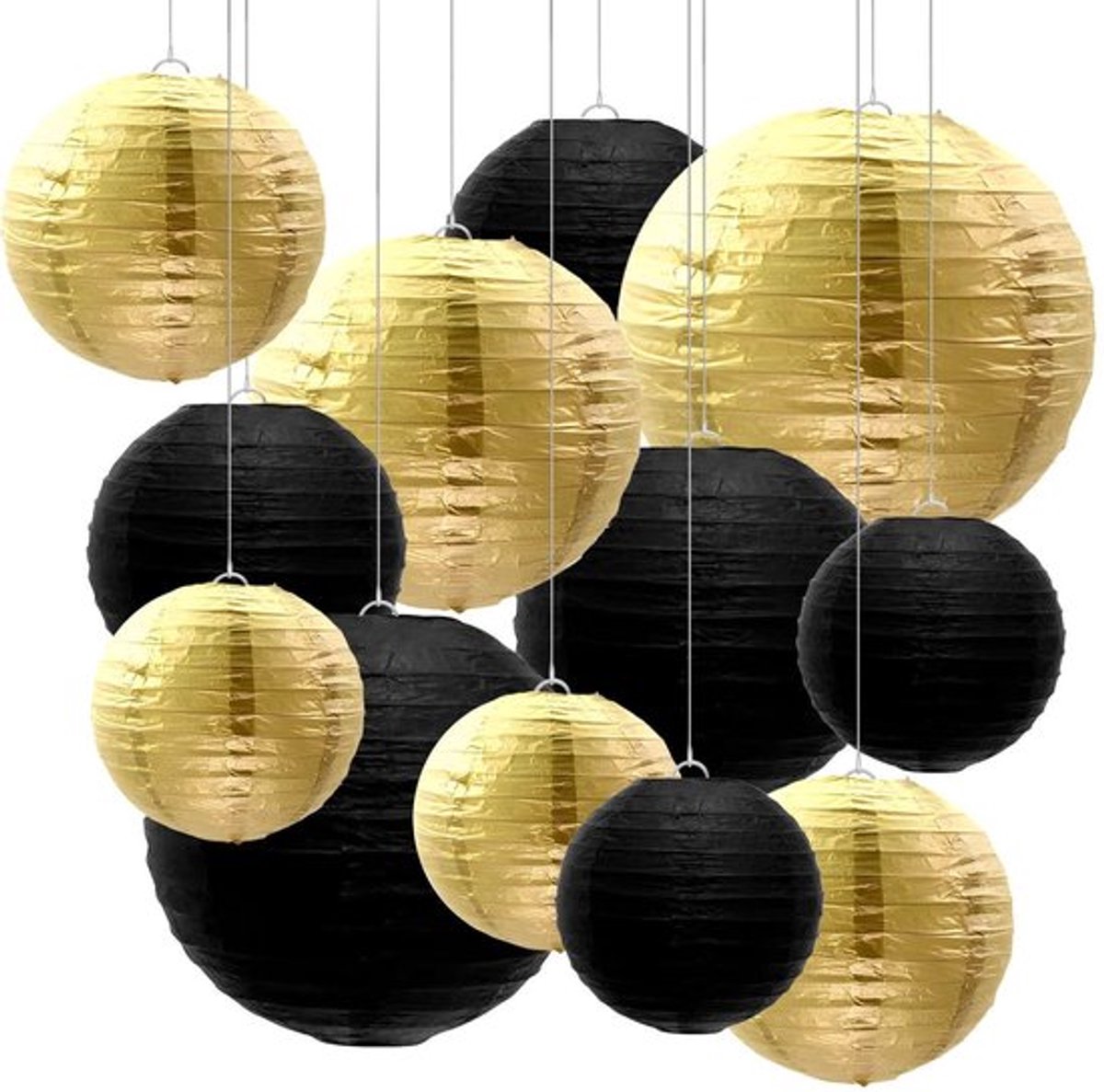 Papieren Lantaarns Set van 12 - Ronde Lantaarns - Opvouwbare Lantaarns - Decoratieve Feestlantaarns - Zwart/Goud - Lichtgewicht Papier