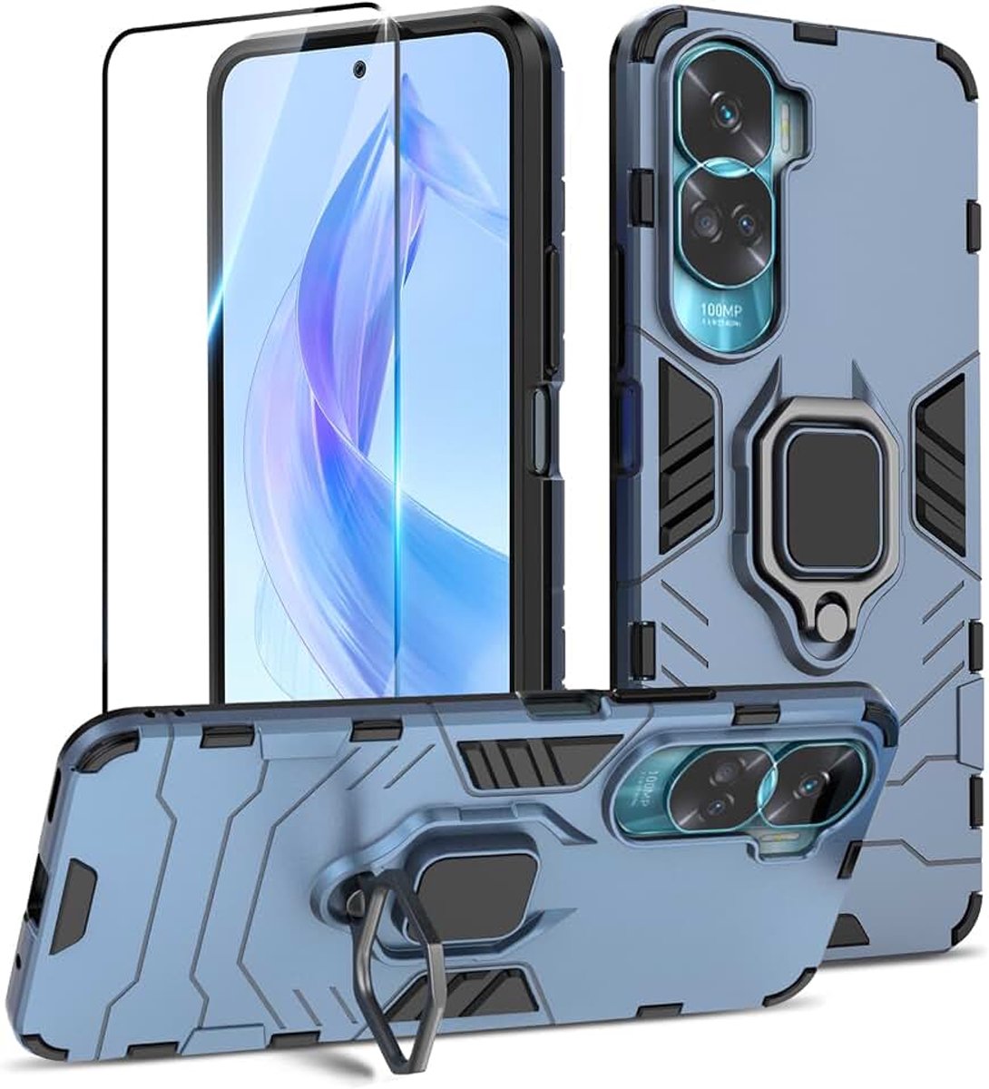 Hoesje voor Honor 90 Lite / X50i met Screen protector, schokbestendig, zwaar belastbaar pantserhoesje, met standaard, voor magnetische autohouder- blauw