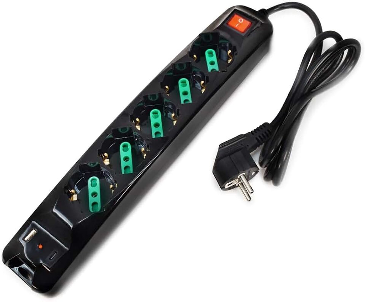 Power Systems Power Cleaner 5 Stekkerdoos, 5 Stopcontacten Italia/Schuko, 1 USB-A Poort, 1 USB-C Poort, Power Delivery en Quick Charger 3.0, Kinderslot, 1,5m Kabel, Zwart
