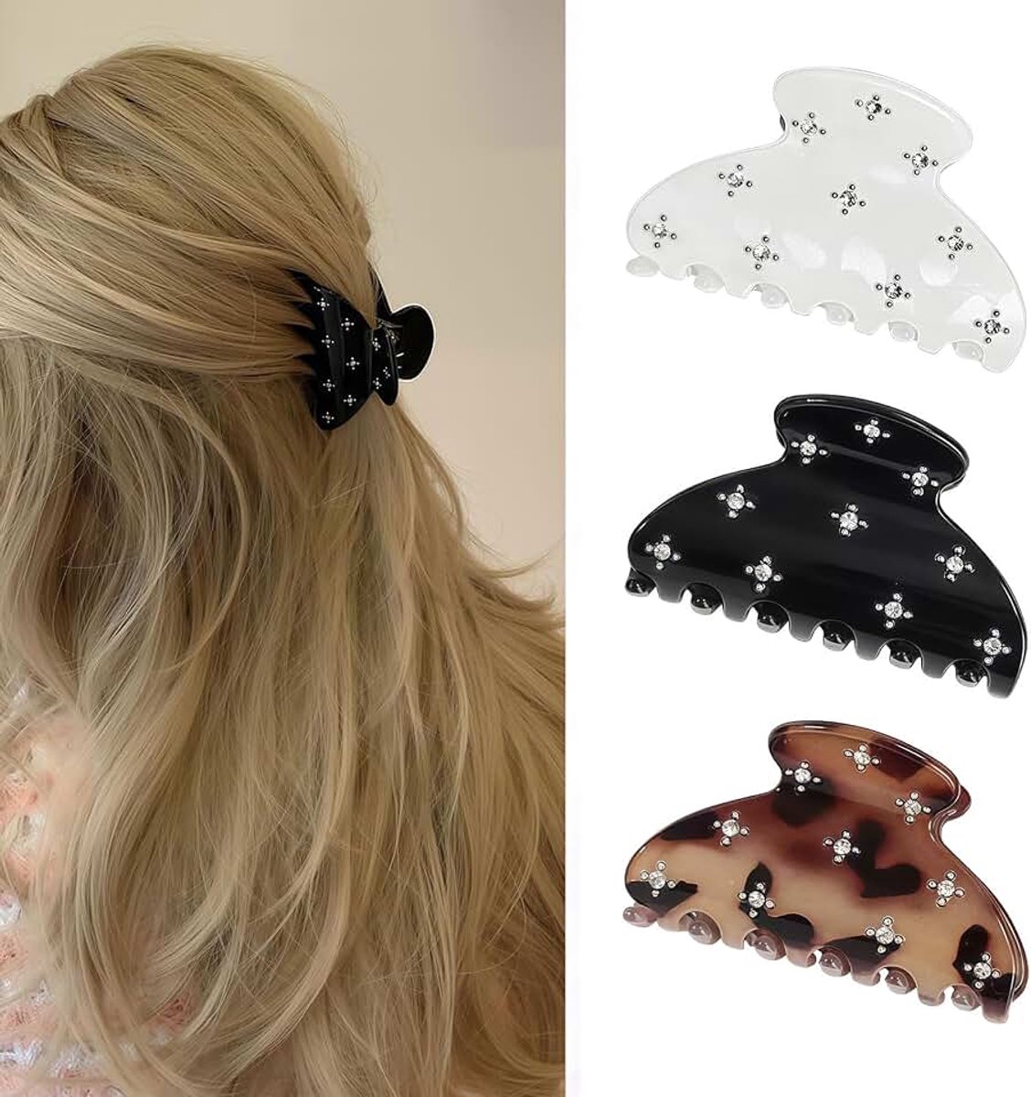 Haarspangen, 3Pack Haarklemmen voor dames & kleine haarspelden, glinsterende strass klauw clips voor dun en dik haar, acryl haarclips
