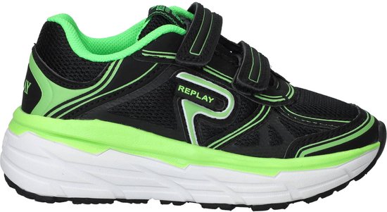 Baskets noires pour garçon avec accents vert fluo, fermeture velcro et logo REPLAY sur le côté.