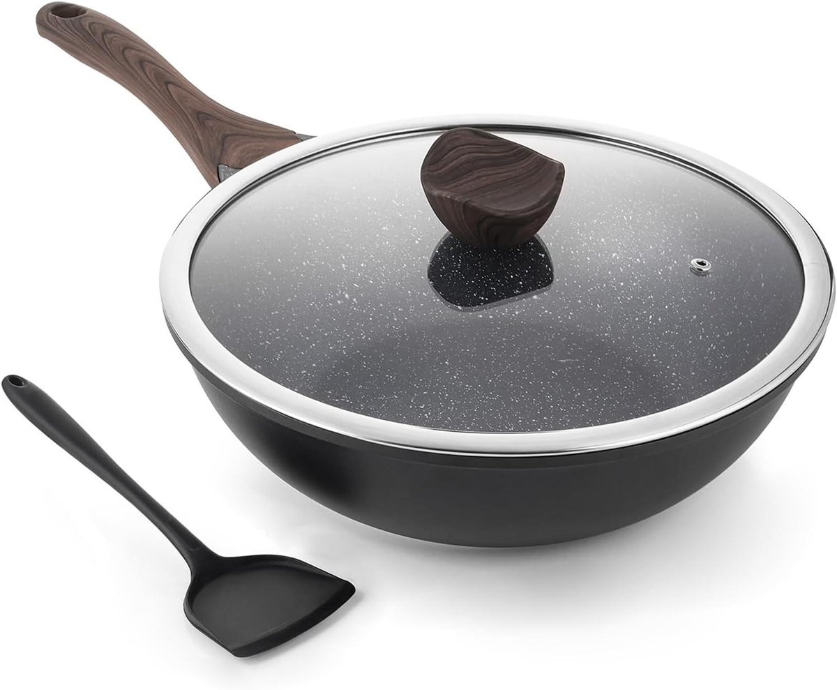 Wok met Deksel - Roerbakpan Sauteerpan - Gezond Koken - Granieten Antiaanbaklaag - 30 cm - Zwart