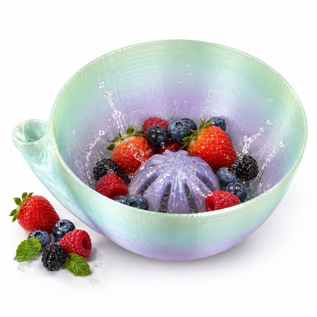 Zelfdraaiende Bessenwasbak - 17x15x8cm - BPA-vrij Kunststof Fruitwaskom met Vortex Design - Automatische Groentezeef en Stijlvolle Fruitschaal - 2-in-1 Spoelkom voor Bessen, Groenten en Salade-Aurora 1