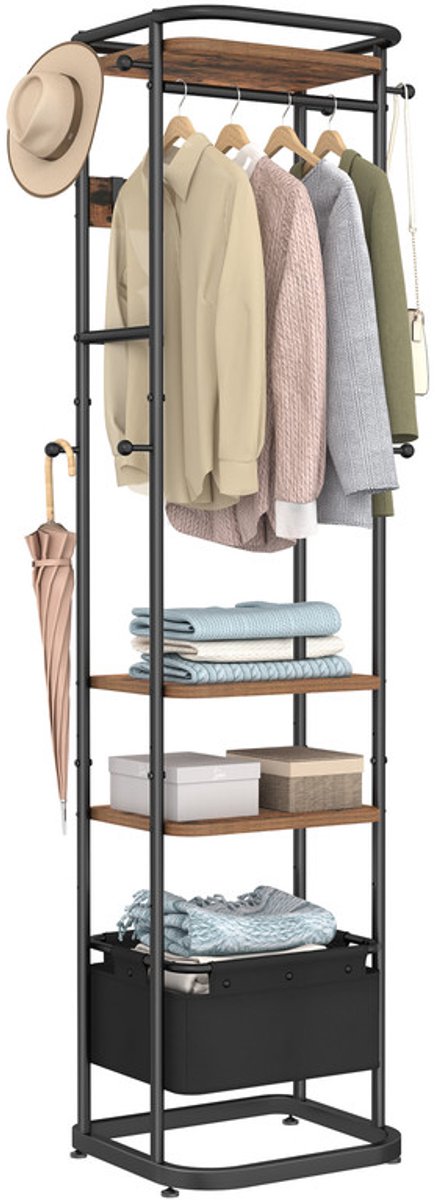 Hzuaneri Kapstok, kledingrek met 3 planken en 11 haken voor sjaals, tassen, dozen, vrijstaande kapstok met 1 mand, voor slaapkamer, gang, entree, kantoor, woonkamer, Rustiek Bruin en Zwart