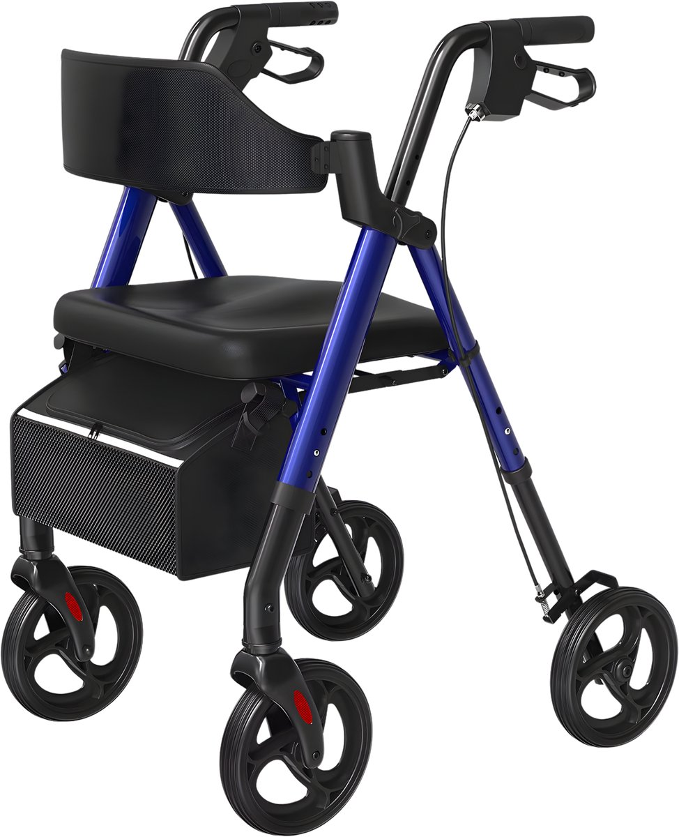 Rollator – Voor senioren – Opvouwbare rollator met stoel, duurzaam aluminium – Grote wielen 20 cm, geschikt voor iedereen, blauw