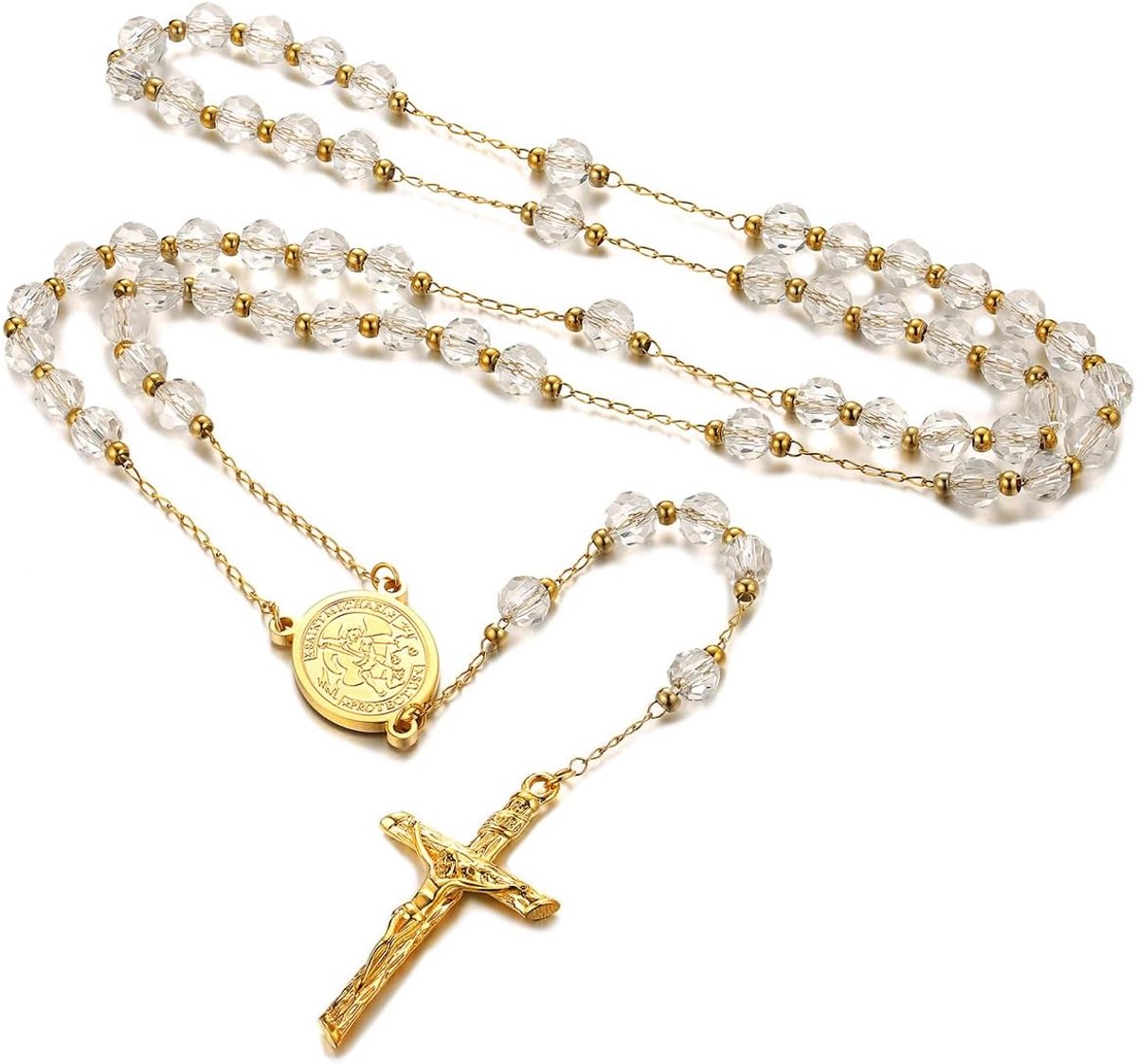Rozenkrans-halsketting voor heren en dames, roestvrij staal 316L, medaille van St. Michael, Benedictus, Christoffel, Maria, met kruis, Jezus Christus, religieus sieraad voor gebed, 66 cm