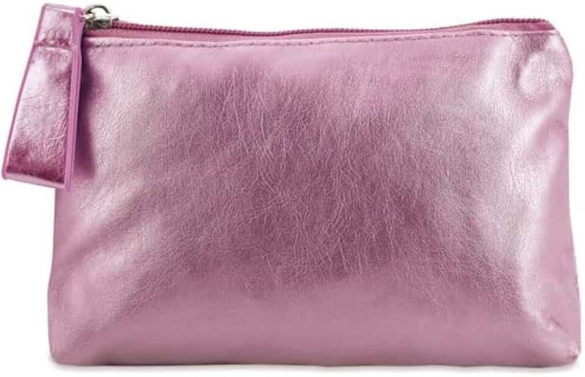 Toilettas van kunstleer voor dames, metallic afwerking, met ritssluiting en handgreep, make-uptas, voor make-up en reizen, Roze