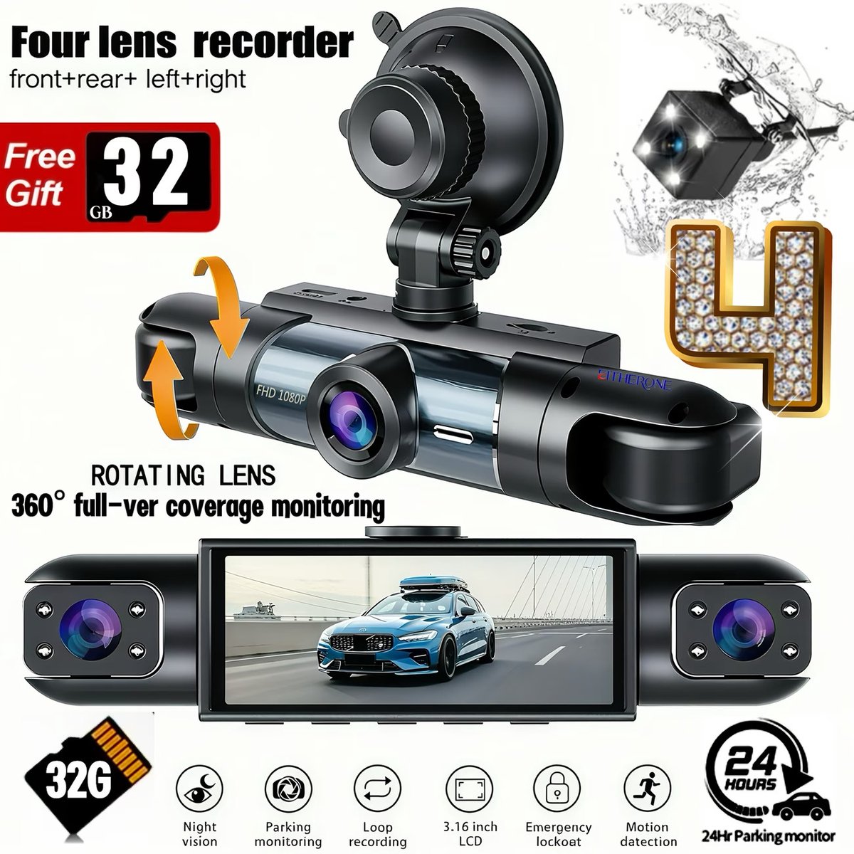 4-Camera Dashcam – 1080P Full HD Voorcamera & 720P Achter-, Linker- en Rechtercamera – Inclusief 32GB Geheugenkaart