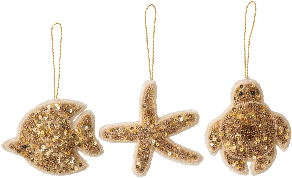 J-Line hanger Vis + Zeester + Schildpad - stof/kralen - goud - 3 stuks