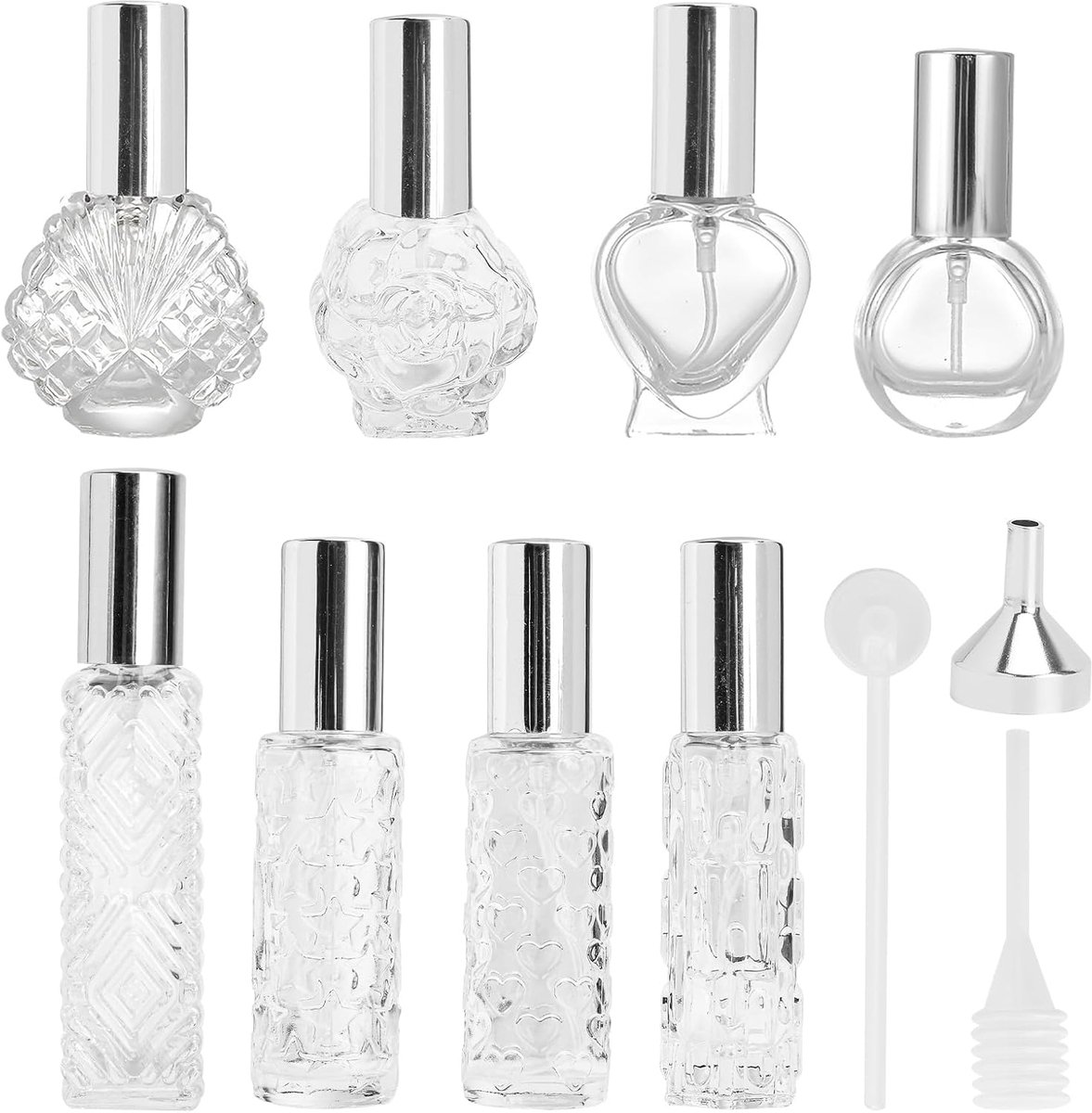 8 stuks flesjes om te vullen, glas, transparant, 8-15 ml, kleine parfumflessen om te vullen met parfumverstuiver, navulbare verstuiver, parfum, vintage, fles voor onderweg en op reis