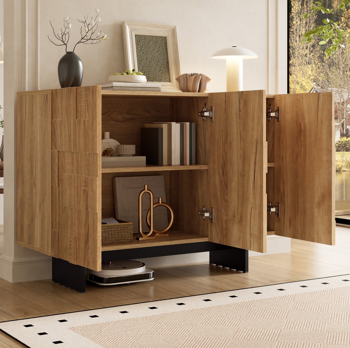 FloraGrace Dressoir - Geometrische Front Met 3 Deuren En Verstelbare Planken - Voor Woonkamer En Hal - Bamboe En MDF - 105x33,5x76 Cm - Naturel Zwart