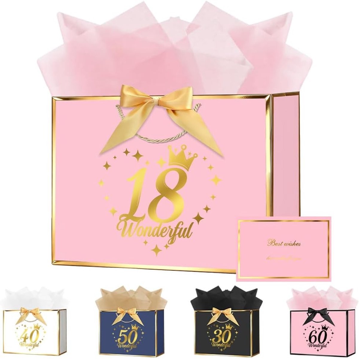 Verjaardagstas in roségoud, 28 x 20 x 10 cm, met handvat, strikken, cadeaupapier en wenskaart voor feesten en bruiloften, perfect voor verjaardagen en speciale gelegenheden