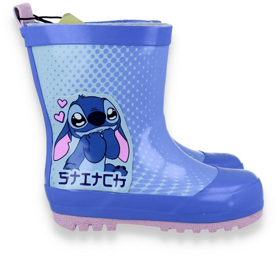 Paarse regenlaars met Stitch en harten erop. Met roze zool.