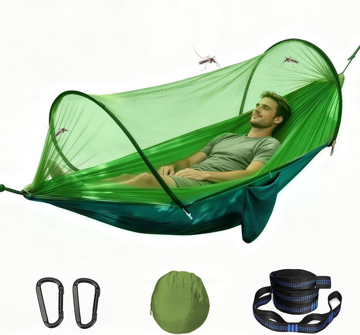 Thijox - Ultralichte Camping Hangmat met Muggennet, 300 kg, 260 x 140 cm, Ideaal voor Reizen, Kamperen, Tuin en Wandelen, Fruitgroen, Inclusief Riemen