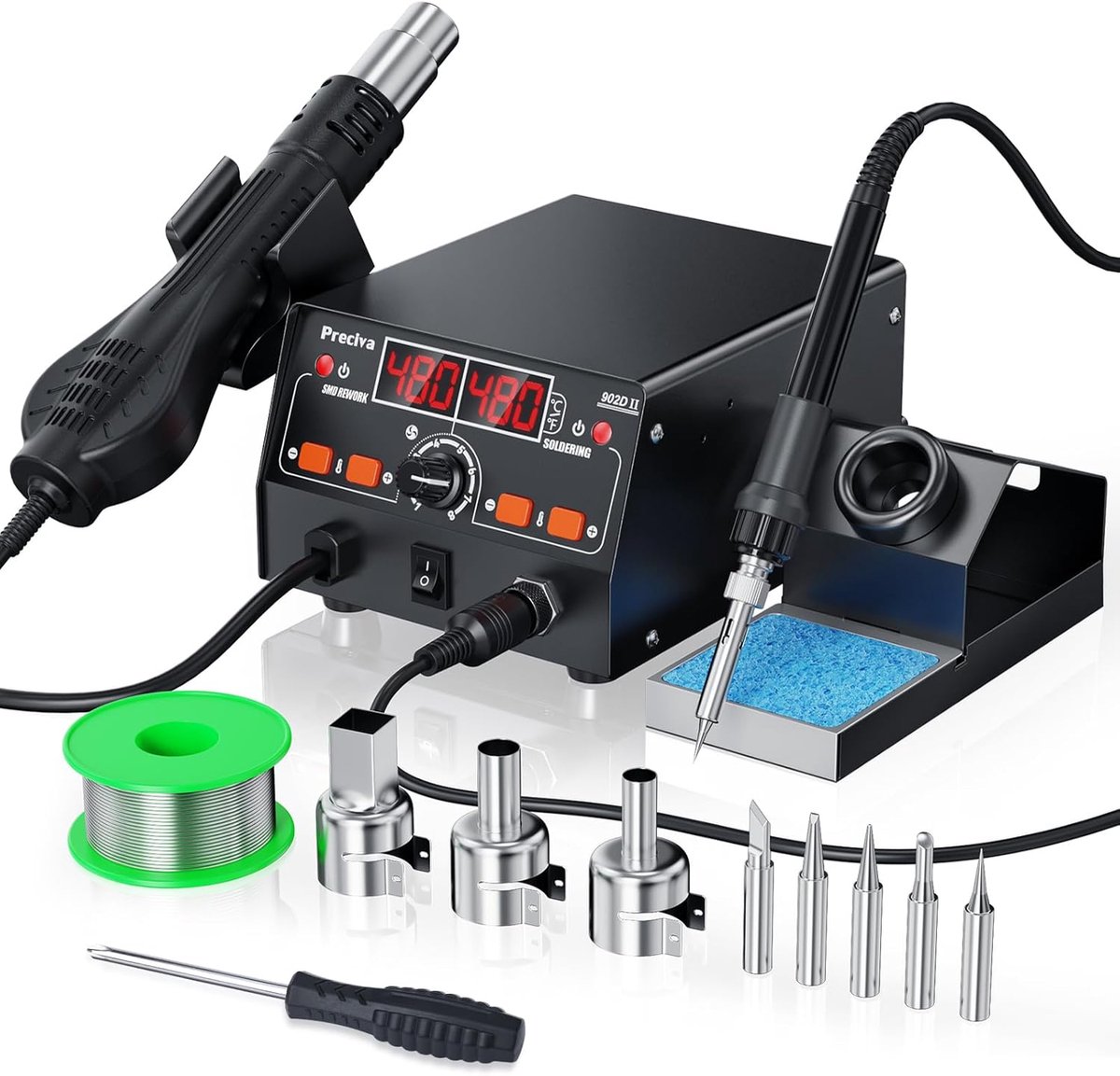 Thijox - 2-in-1 Digitaal Soldeerbout Station met Heteluchtpistool, 902D II Rework Station, PID Temperatuurregeling, 750W, Dual LED Display, Stille Bor