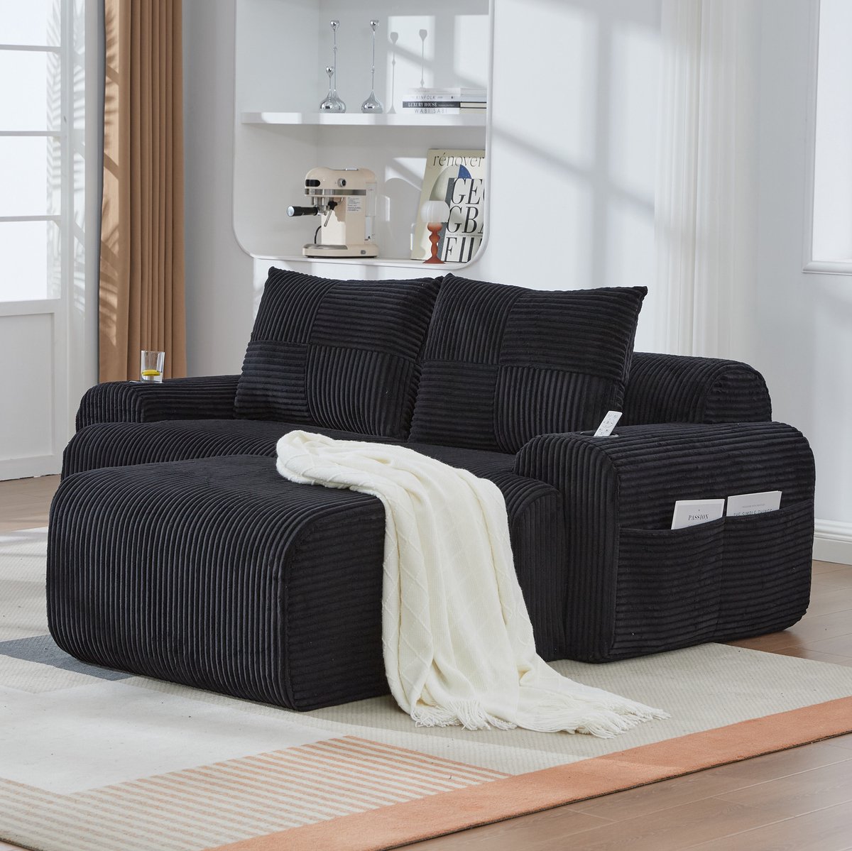 FloraGrace Bankset – 2-Zits Modulaire Bank Met Hocker – Vrij Combineerbaar Met Cuphouder En Zijvak – Voor Woonkamer – Corduroy – Zwart