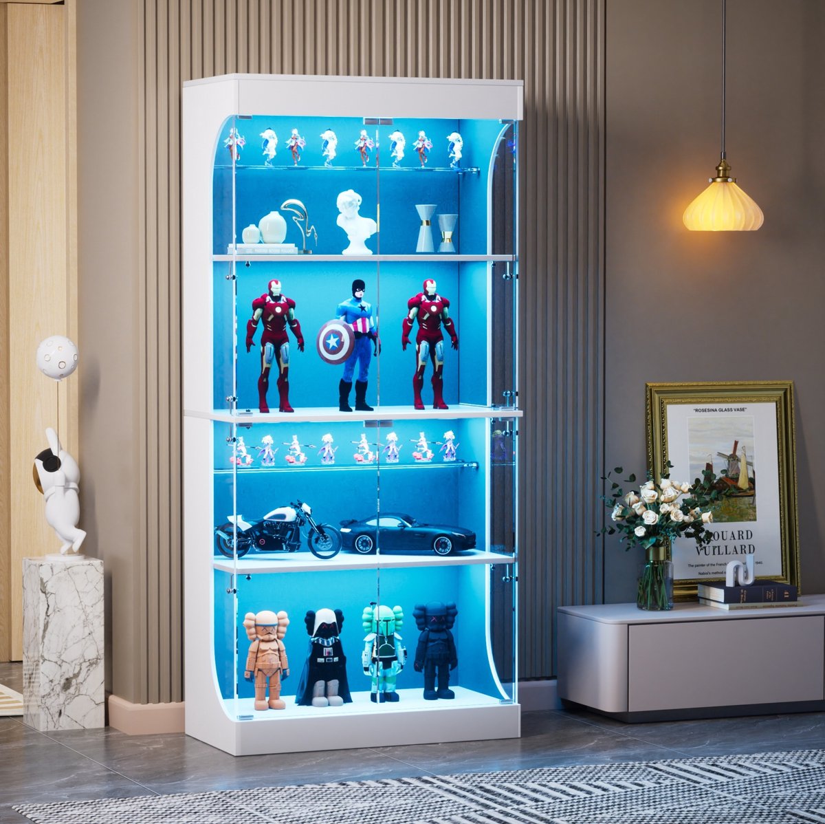FloraGrace Vitrinekast - Vierlaagse Glasvitrine Met LED Verlichting En Sensor - Voor Woonkamer Slaapkamer En Kantoor - Wit - 80x35x165 Cm