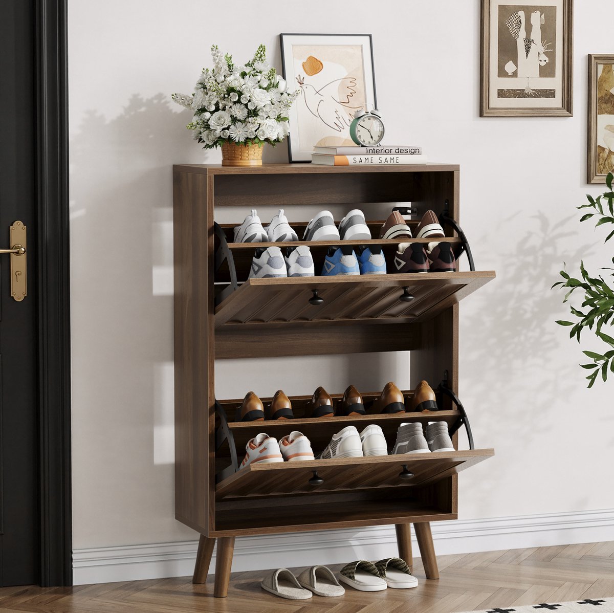 FloraGrace Schoenenkast - Verticale Geribbelde Klepkast Met Open Vak - Voor Hal En Entree - MDF En Spaanplaat - 60x24x95 Cm - Walnootkleur