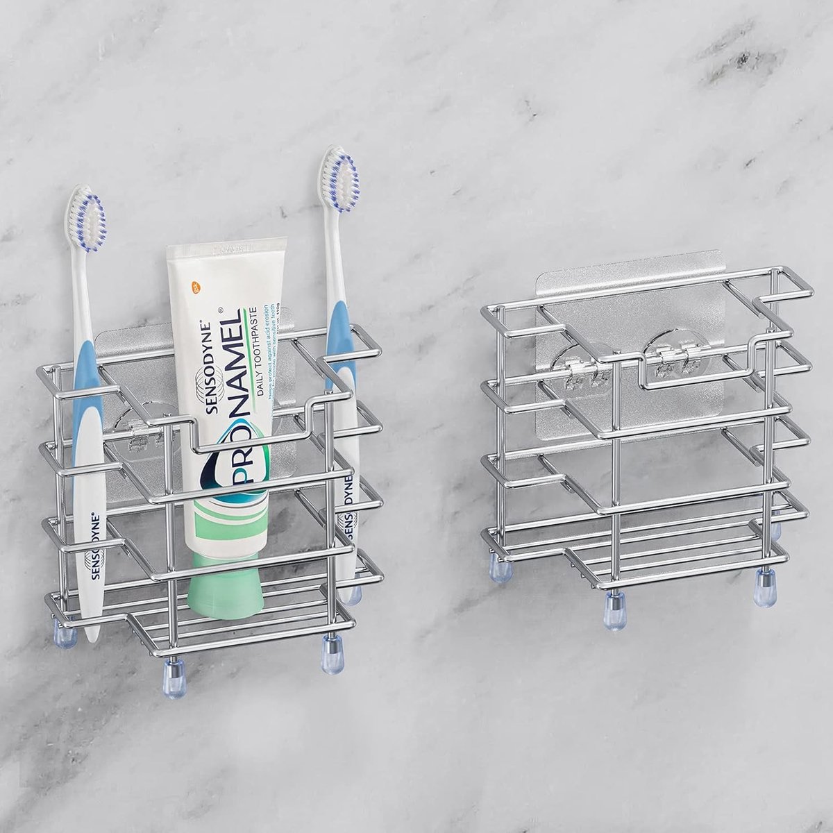 Wandmontage Tandborstelhouder Set van 2, Rvs Tandborstelstandaard voor Badkamer, Zelfklevende Organizer met 3 Slots voor Tandborstels, Tandpasta en Scheermesjes