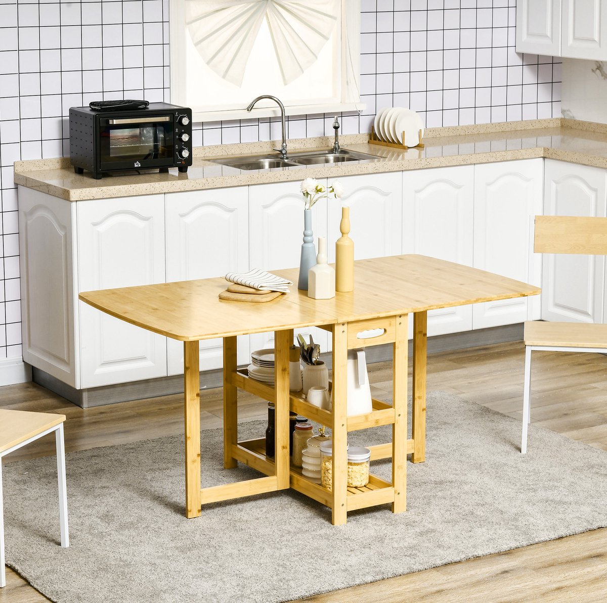 MEUNIQ opklapbare eettafel 149,5 x 80 x 73,5 cm met 2 opbergplanken en verstelbare voetsteunen, bamboe tafel voor eetkamer, keuken of woonkamer, naturel