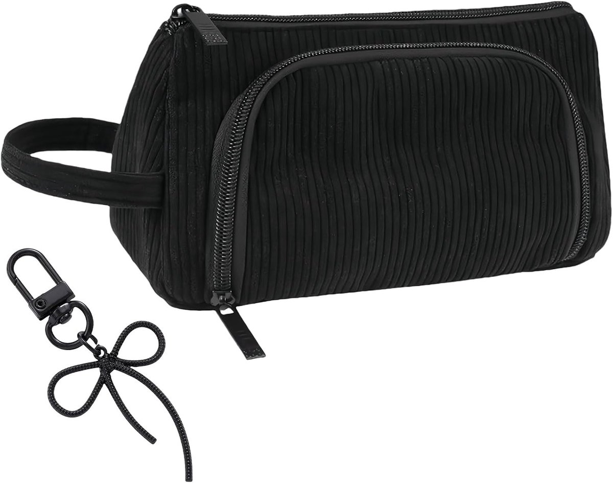 Thijox - Zwarte etui met grote capaciteit voor jongens en meisjes, praktische pennenzak met ritssluiting, twee openingen, inclusief sleutelhanger, ide