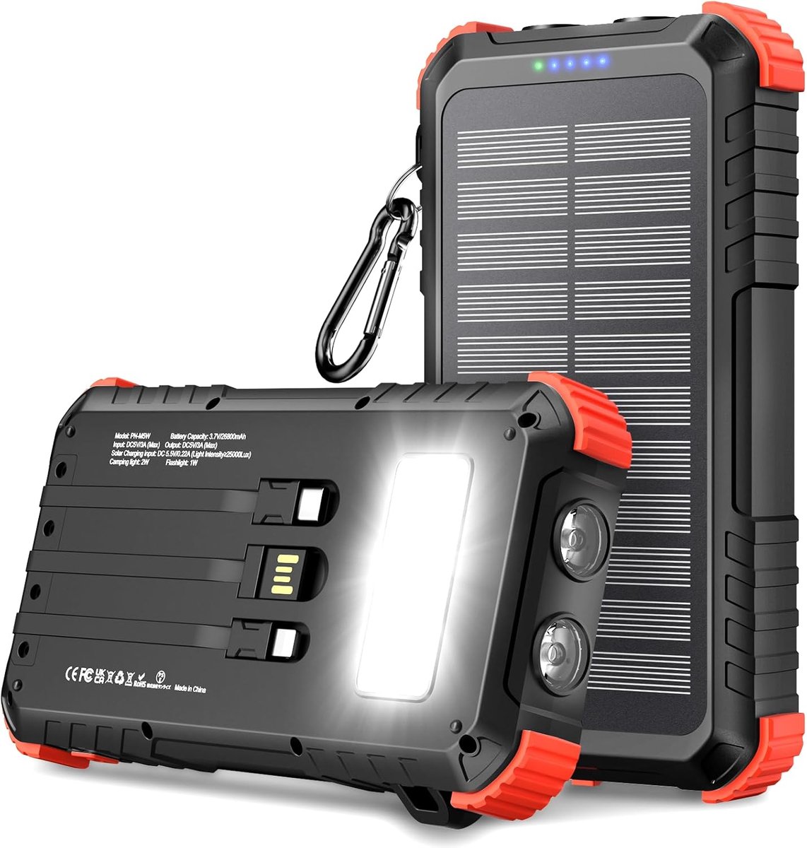 SnelShoppen - Solar Powerbank 26800mAh met PD15W USB C, 5 Uitgangen, 3 Ingangen, Waterdichte Zonnelader met 3 Kabels, 2 Zaklampen en Karabijnhaak voor